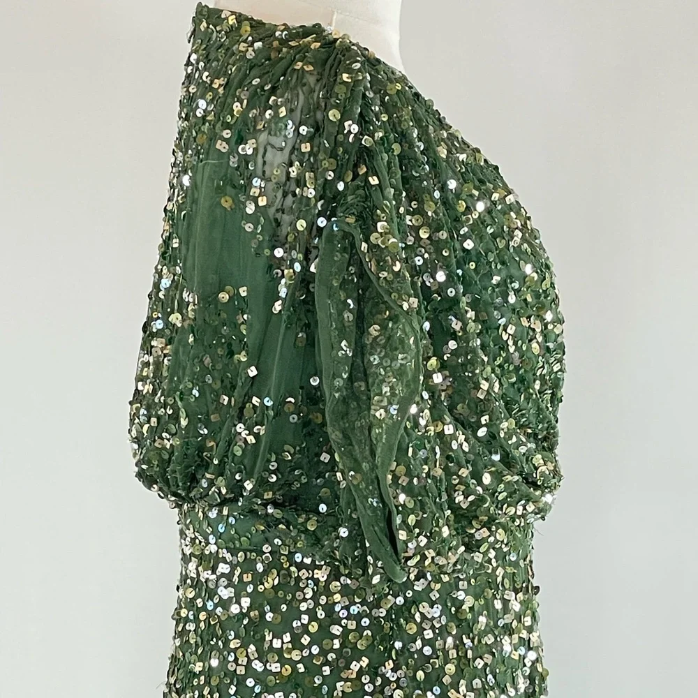 Ieena for Mac Duggal Draped Sleeve Emerald Sequin Gown, 4 - Picture 9 of 10